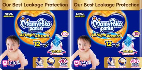 Image of Mamypoko pants All night absorb| Pant Style Baby Diapers Medium Size(M), 140 Count, (70*2)vIdeal for 7-12Kgs|1 Diaper: Upto All night Absorption|Wider Crisscross Sheet|Gentle Coco Care| 12hr Leakage Protection| Prevents Heaviness.