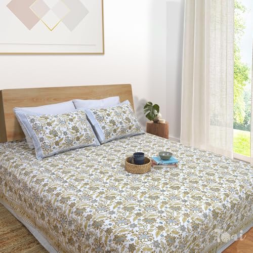 Image of TOAI Hand Block Printed Bedsheet | Bed Spread Flatsheet Bed Sheet | Pure Cotton | King Size 108 inchx108 inch | 300 TC Long Staple Cotton | 2 Reversible Pillow Covers |Autumn Leaves