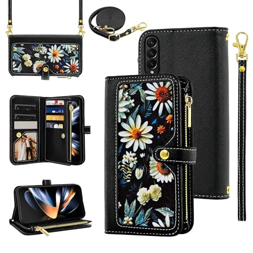 Furiet Floral Wallet Case for Samsung Galaxy Z Fold 3 5G 2021 with Wrist Strap Shoulder Strap Flip Zipper Purse, Luxury PU Leather Card Holder Stand Phone Cover for ZFold3 Z3 Fold3 3Z ZFold35G Black