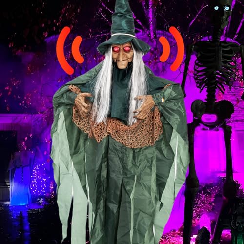 Halloween Animatronics Motion Activated 6Ft Creepy Hanging Witch with Light-up Eyes Halloween Decoration Outdoor Haunted House Prop Décor Indoor 2025 Update