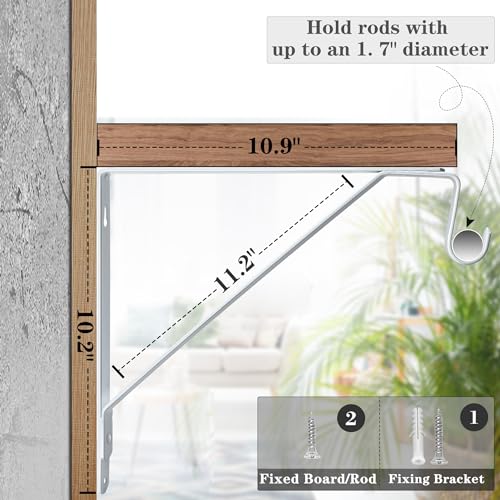 Closet Rod Bracket, Heavy Duty Shelf Bracket with Rod Holder, 10.9X 10.2 inch White Closet Rod Support Wall Mounted Clothes Hanger Pole Support Hooks, 2 Pack