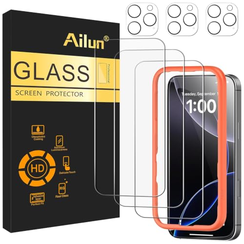 Ailun 3 Pack Screen Protector for iPhone 16 Pro Max [6.9 inch] + 3 Pack Camera Lens Protector with Installation Frame Sensor Protection Dynamic Island Compatible Case Friendly Tempered Glass Film