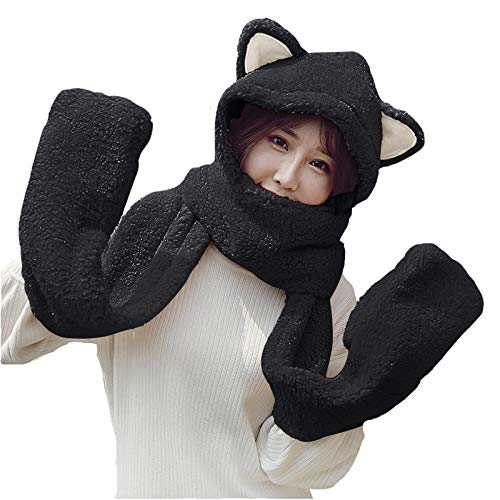 Womens Girls Winter Warm Cartoon Plush Hat with Scarf Pocket Gloves Hoodie Cap