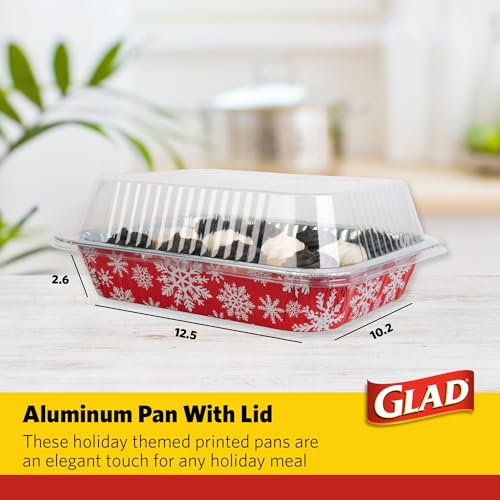 Image of Glad Disposable Aluminum All-Purpose Pans with Lids, Red and White Snowflake Holiday Print, Oven Safe Foil Steam Pans for Baking, Roasting, and Storage, 12.5 x 10.2 x 2.16 in, 2 Pans and 2 Clear Lids