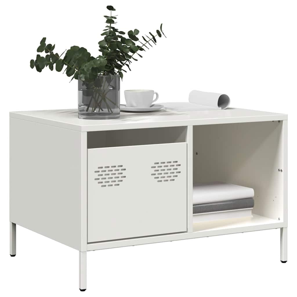 Mesa de centro blanca 68,5 × 50 × 43,5 cm, acero frío, altura regulable, 1 cajón y estante, pequeña mesa auxiliar