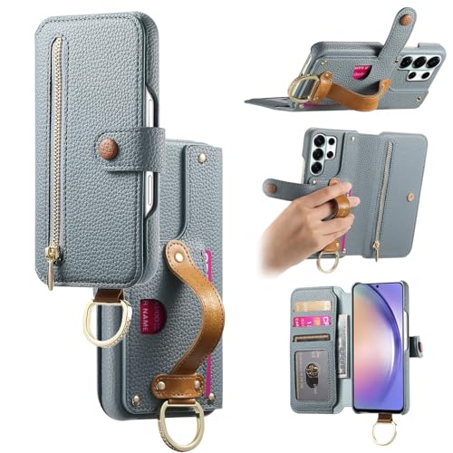 Étui compatible avec Samsung Galaxy S24 Ultra bleu anti-piratage portefeuille cuir rabat dragonne