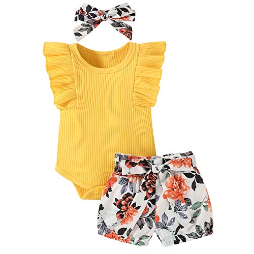 Image of Hundofam Baby Girl Clothes Infant Summer Outfits Set Ruffle Sleeve Romper Floral Pants 3PCS Bodysuit +Shorts +Headband
