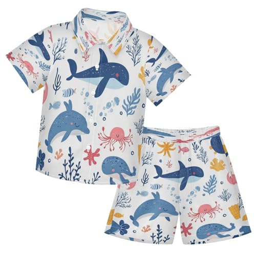 Boccsty Crab Dolphin Ocean Animals Corals Sea Boy Summer Shorts Sets Hawaiian Toddler Boys T-Shirt & Pants 2 Pcs 3T