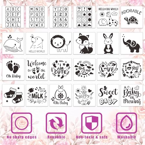 SytuHe 95 Pcs DIY Baby Bibs Decorating Kit50 White Bibs 24 Stencils 20 Fabric Markers 1 Baby Shower Game Sign3