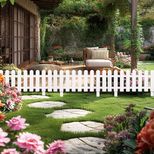 2 Stück Gartenzaun zum Stecken, Steckzaun Beetumrandung Höhe 20/30 cm, Garten Zaun für Draußen, Zierzaun mit Erdungsstecker, Weiß Zaunelemente für Garten, Rasenkante Kunststoff Gartenzäune (50*20cm A)