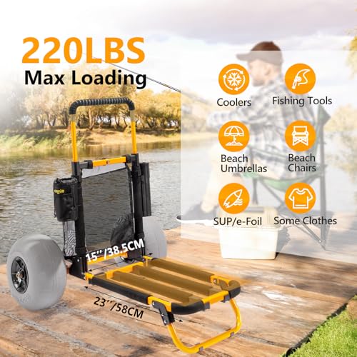 Bonnlo Beach Fishing Cart, Beach Wagon Trolley with 12" Big Balloon Wheels for Sand Foldable Beach Trailer with 23" x 15" Cargo Deck, Fishing Rods Holder, Water Bottle Holder, Mesh Bag, Hand Pump