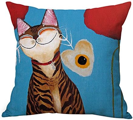 JES&MEDIS Cartoon Cat Pattern Linen Cotton Throw Pillow Case Home Decorative Pillowcase Cushion Cover for Sofa Bed,18" x 18",4 PCS Set