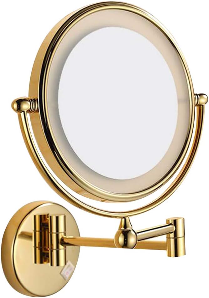 Makeup Vanity Mirror,LED Lighted Two-Sided Bathroom Mirror 3X Magnification Wall Mounted Beauty Mirror Extendable Cosmetic Mirror Powered by Plug,Nickel Wire Drawing (Color : Gold, Size : 8inch)