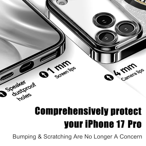 Image of Misscase for iPhone 17 Pro Magnetic Glitter Case Compatible with MagSafe,Full Protection Slim Shockproof Anti-Scratch Case with Camera Lens Protector Plating Bling Dust-Proof Net Black