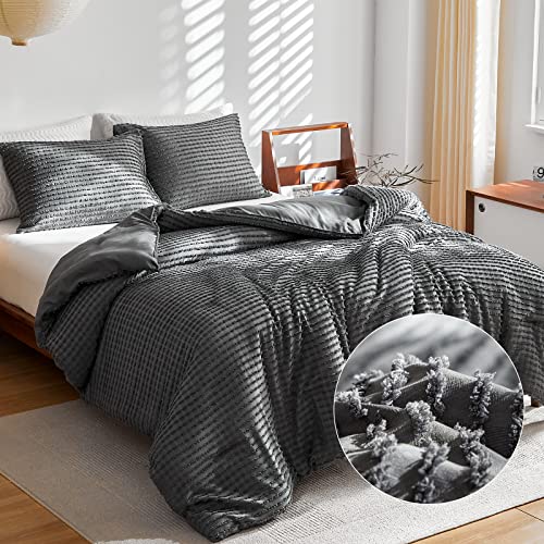 Warmdern King Comforter Set Grey Boho Stripe Comforter Lightweight Microfiber Down Alternative Comforter Tufted Bedding Set 3 Pcs For All Season - 1 Comforter & 2 Pillowcases (Grey, King) #TOP1
