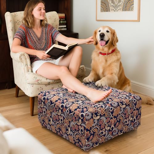 Image of YISUN Ottoman Cover Square, Stretch Printed Ottoman Slipcover Square, Thick Storage Ottoman Covers Washable Footrest Stool Cover Protector with Nonslip Elastic Bottom