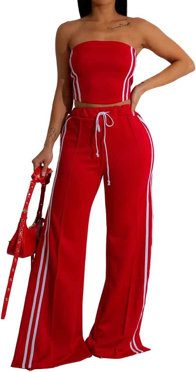 Yuopeid Womens Sexy 2 Piece Outfits Stripe Strapless Crop Tube Tops and High Waist Wide Leg Side Slit Pants Clubwear