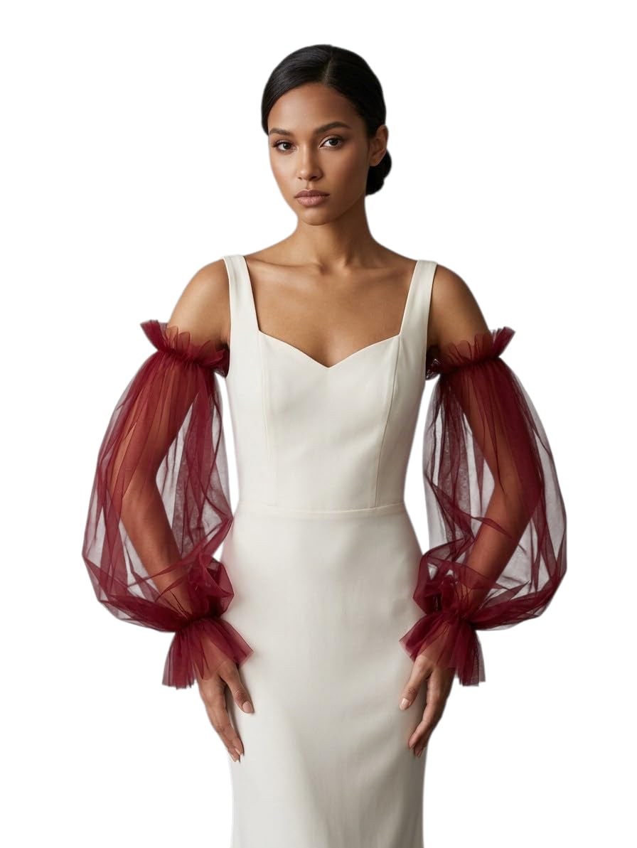 Detachable Tulle Sleeves, Maroon, Puff Style, Bridal Accessory, Off-Shoulder-image-18
