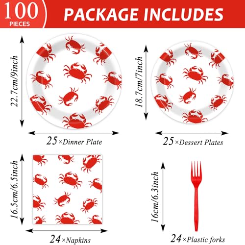 Image of Qyeahkj 100 Pcs Crab Party Decoration Set - Paper Plate Napkin Fork Set for Summer Crab Dinnerware Tableware Supplies - Serves 25