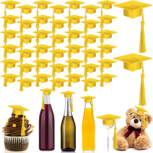 Qunclay 60 Pieces Mini Graduation Cap Hats Plastic Grad Cake Supplies Cover Toppers for Graduation Party Decorations(Gold)