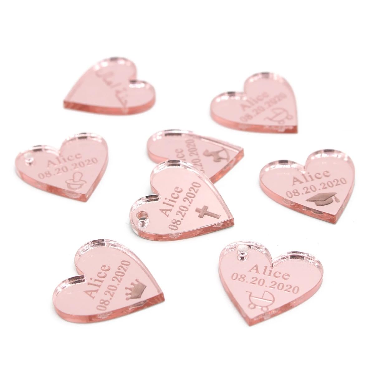 Étiquettes de mariage en acrylique miroir gravé cœur pour table de prestige