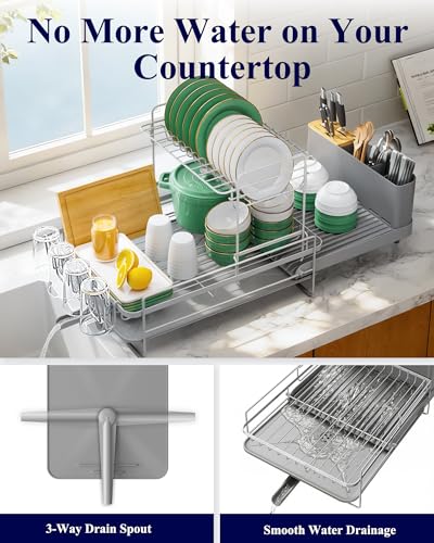 Image of Kitsure Extendable Dish Drying Rack, 19.2 inch-26.7 inch L x 12.9 inch W, 2-Tier | Large Dish Rack, Multifunctional Dish Rack for Kitchen Counter, Anti-Rust Dish Drainers with Cutlery & Cup Holders,Grey
