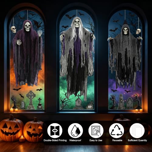 54 PCS Large Halloween Decor, Grim Reaper Halloween Window Clings for Home - image 3