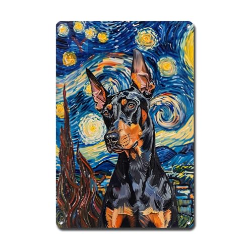 Ymyoo Metal Sign Tin Sign Vintage Wall Art Doberman Pinscher Starry Night Doberman Sleek Doberman in A Night Sky for Home Security Spaces and Seasonal Displays Waterproof Aluminum 8×12 Inches