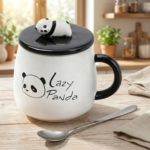 Image of BonZeal 3D Panda Ceramic Coffee Mug with Lid - Cute Panda Design Tea & Coffee Cup for Kids, 300 ml Reusable Drinkware for Home, Office & Desk, Gift for Panda Lovers