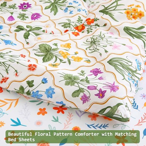 Image of lasoftan Floral Queen Comforter Set with Sheets, 7 piece Luxury Vintage Bedding, Soft Microfiber Bed in a Bag, Cozy Lightweight Bed Set, Green Patchwork Flower Leaf