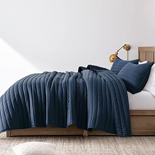 ROARINGWILD Navy Blue King Size Quilt Bedding Sets with Pillow Shams, Mustard Lightweight Soft Bedspread Coverlet, Quilted Blanket Thin Comforter Bed Cover for All Season, 3 Pieces, 104x90 inches