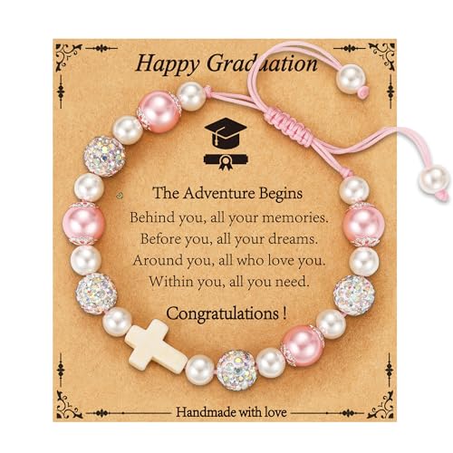 Image of Class of 2026 Graduation Gifts for Girls, Natural Cross Beads Charm Bracelet Middle High Kindergarten Preschool School Gifts Jewelry for Her