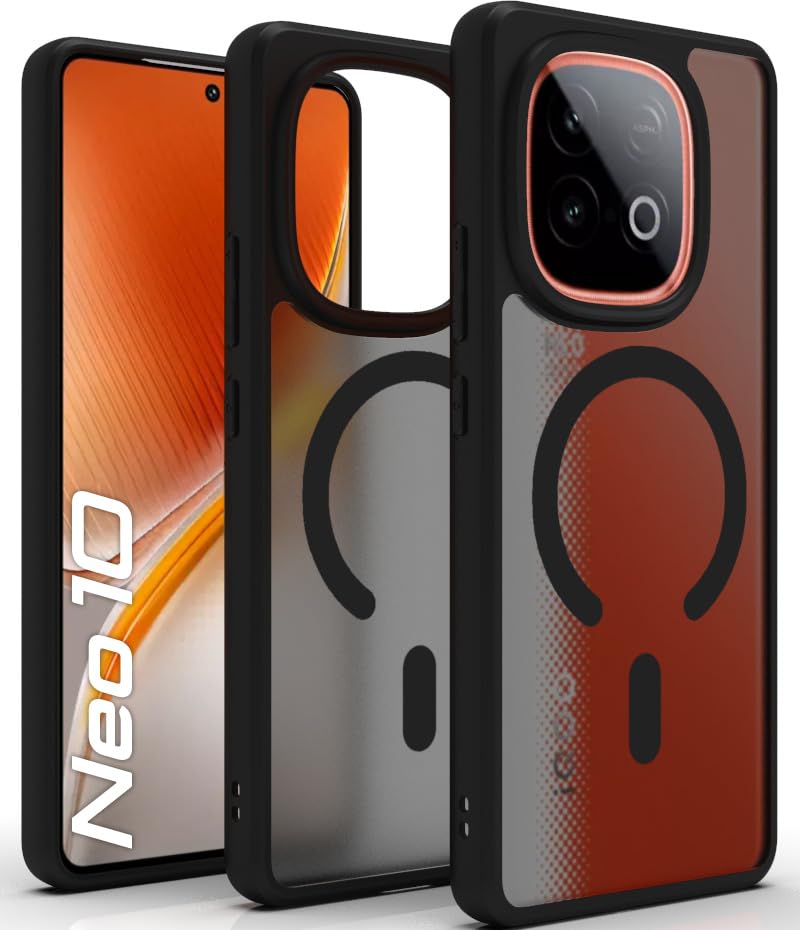 Image of RIGGEAR Shockproof Sleek Hybrid Armor Upgraded C-Shaped Magnetic Back Cover Case Compatible with MagSafe Accessories for iQOO Neo 10 5G (Smoke Black Matte PC + Black TPU Bumper)