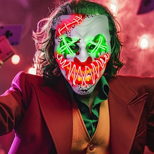 Halloween LED Clown Mask for Aldult & Kids,EL Wire Scary Purge Mask for Cosplay Costume,Light up for Festival Party