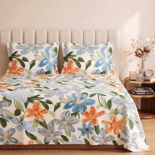 Image of VAS COLLECTIONS Premium 240 TC Cotton Double Bedsheet Set with 2 Pillow Covers | Breathable Floral Print Bedding | Fade Resistant | 228 x 254 cm, Terracotta & Periwinkle Floral, Double Flat (90x100)