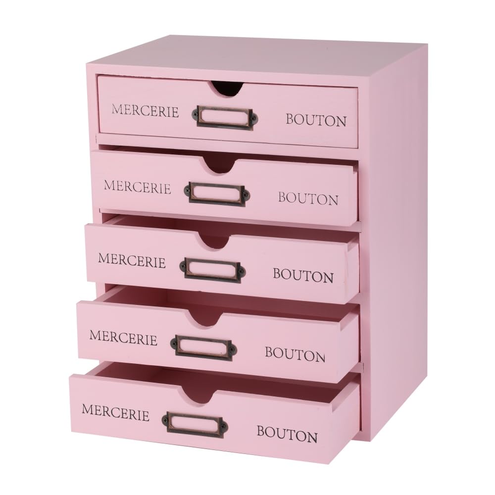 Wooden Storage Box with 5 Drawers Apothecary Vintage Wood Desktop Organizer Countertop Library Card Catalog Cabinet (Pink)