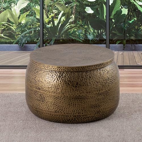 Albany Living Modern Round Aluminum Hammered Embossed Texturing, Metal Drum Coffee Table with Removable Lid for Storage,Fully Assembled, for the Living Room and Bedroom, Brass