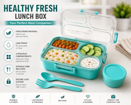 Image of Healthy Fresh Bento Lunch Box 3 Compartment, 1000ml
