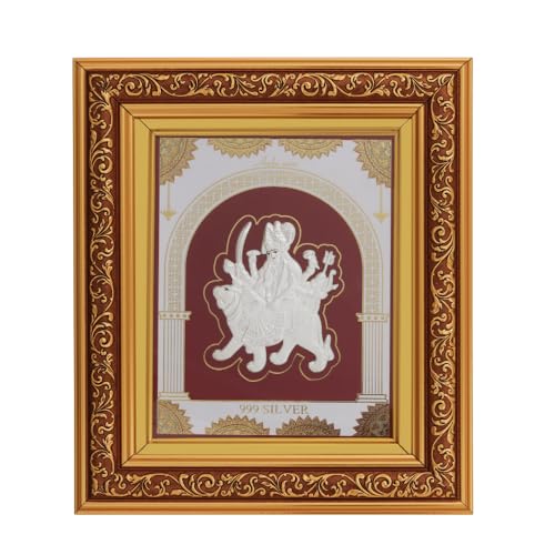 Image of 999 Pure Silver Durgamaa Frame | Divine Home Decor | Wall Mount Square Photo for Gift, Wooden PhotoFrame for Temple & OfficeDecor, SilverGift Items | hangingframe (10.50 inch x 9 inch Inch)