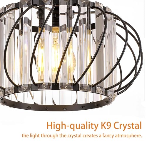 Image of Black Crystal Ceiling Light Fixture - Small Crystal Chandelier Semi Flush Mount Ceiling Light Modern Hallway Lights fixtures for Entryway Bedroom Porch Kitchen (11 Inch, Bulb not Included)