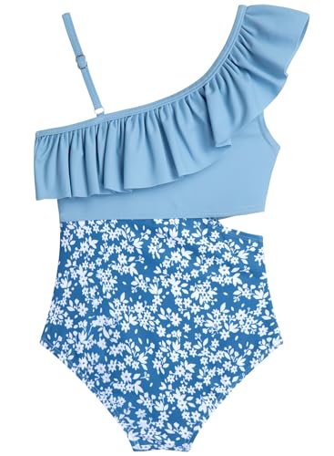 Image of Alakuoti Girls One Piece Swimsuits Cutout Ruffle Bathing Suit Quick Dry Beach Swimwear with Adjustable Strap 5-14 Years