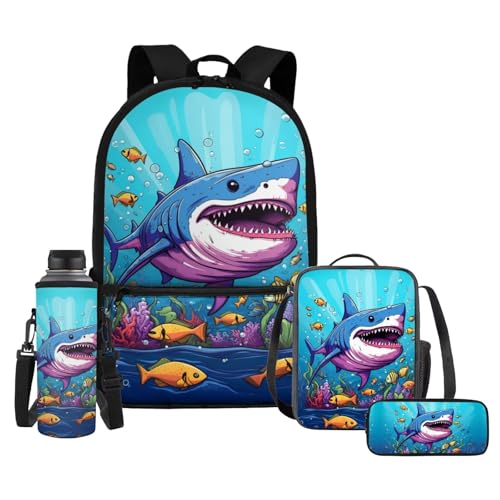 Shark Backpack for Boys 6-8 10-12 Kids School Bag Set with Lunch Box Pencil Purse Elementary Schoolbag Kindergarten Preschool Bookbag Water Bottle Sleeve Travel Back Pack