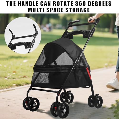 OMDOCA Carrinho de passeio com gaiola dobrável para cães e gatos, com cesta de armazenamento e supor