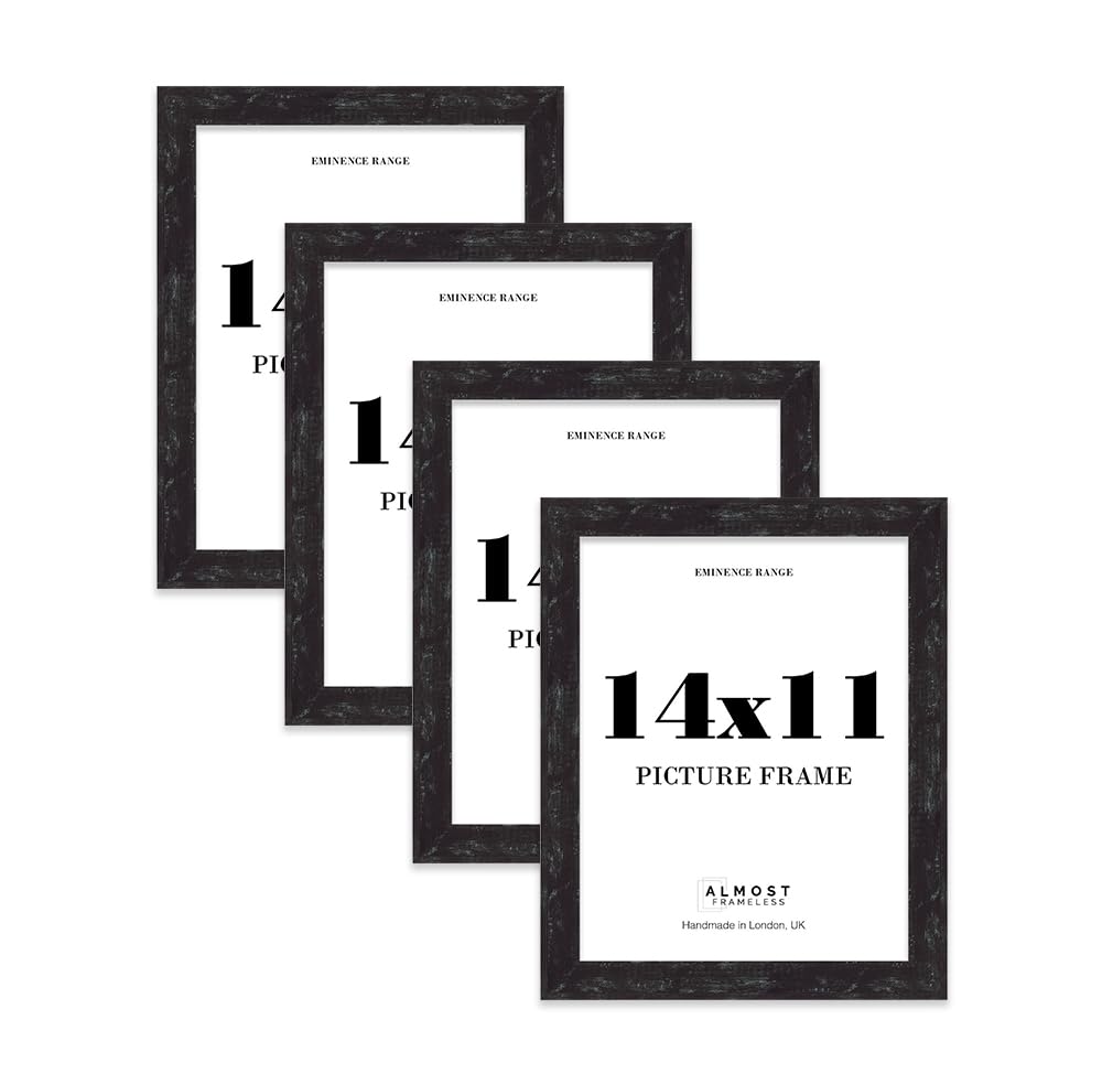14x11" Distressed Black Picture Frame - Rustic Wood Industrial Effect Photo Frame for Wall Display, Ideal for Posters, Prints & Home Décor, Wall Hooks and Kickstand, 32mm Edge - 4 Pack — image 1