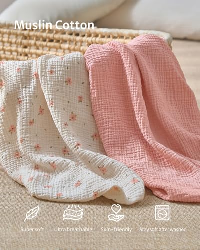 Image of Blissful Diary Muslin Mini Crib Sheets, 2 Pack, Pink Floral&Light Pink | fitted for pack n play, soft and breathable cotton, boho style, easy care for machine wash, gifts for boys and girls