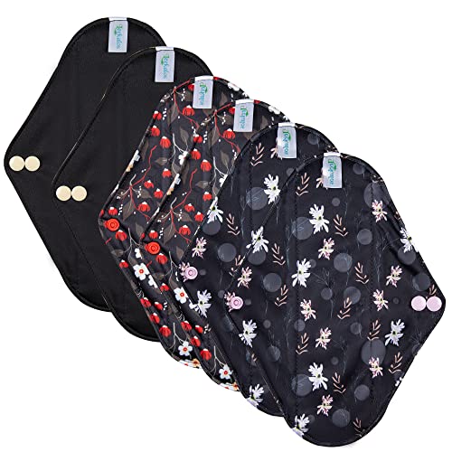 Leekalos Reusable Menstrual Pads - Bamboo Menstrual Cloth Pads | Light Incontinence Pads | Reusable Sanitary Pads - Pack Of 6, 1 Cloth Mini Wet Bag (Medium, Little Flowers) #TOP4