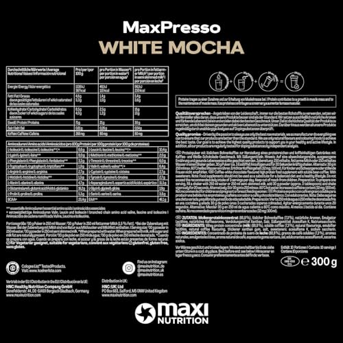 MaxiNutrition MaxPresso White Chocolate Mocha 300g, Protein Kaffee, Whey Coffee Pulver, 21g Eiweiß pro Portion, Zuckerfrei & fettarm, Warm & kalt genießbar