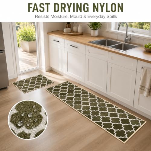 Image of Matz&More Anti Slip Kitchen Runner Mat & Doormat Combo (50x120cm + 40x60cm), Nylon Tufted Floor Carpet with Rubber Backing for Kitchen, Hallway, Bedroom, Bathroom & Entrance, Trellis Dark Olive