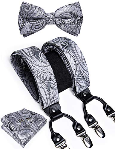 Image of DiBanGu Paisley Bow Tie and Supenders for Men Tuxedo Heavy Duty 6 Clips Suspender Adjustable Y-Shape Mens Trouser Braces