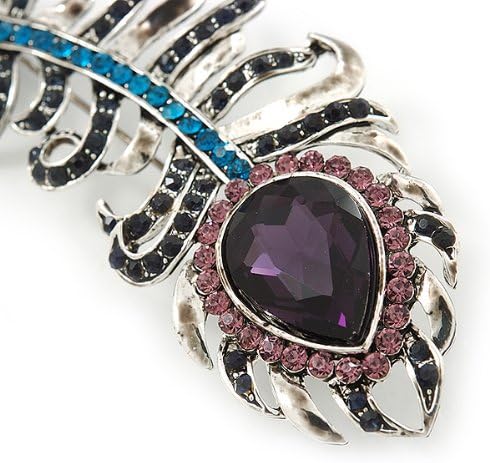 Stunning Vintage Inspired 'Peacock Feather' Brooch In Rhodium Plating (Teal/Dark Blue/Purple) - 80mm Length - Image 4